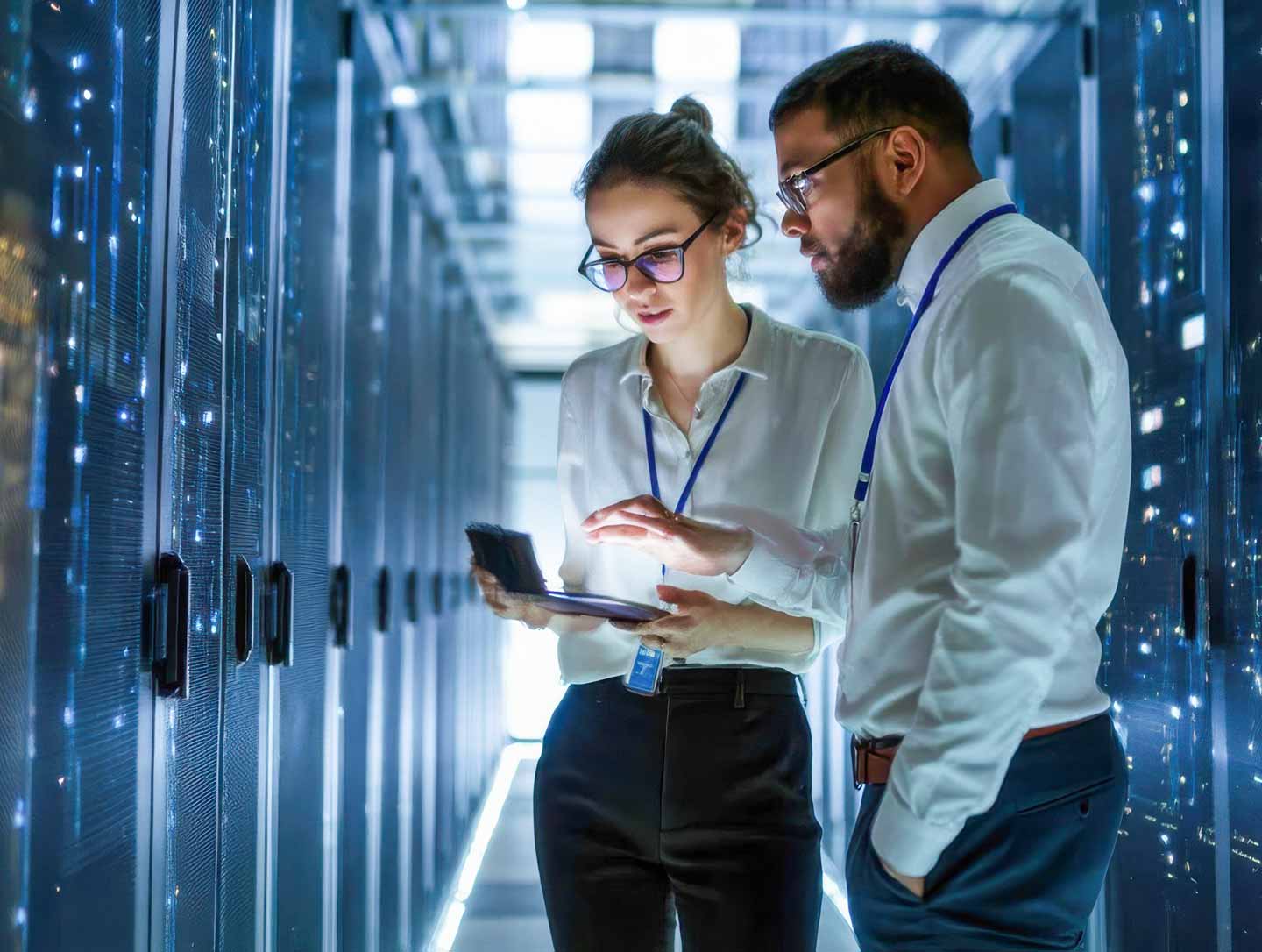 Two IT engineers reviewing server infrastructure on a tablet in a modern data center corridor