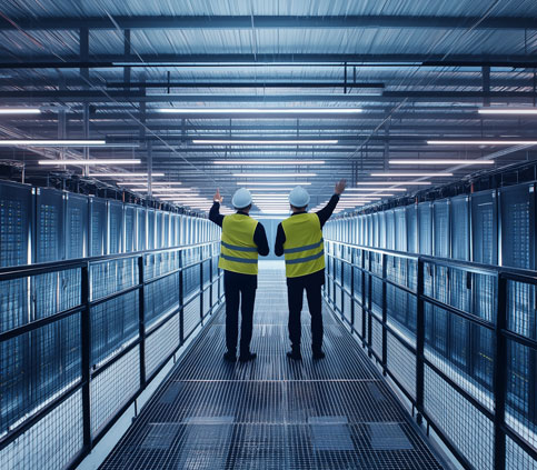 Symmetrical view of two network operators wearing yellow safety vests looking down a vast data center server room aisle with hanging lights.