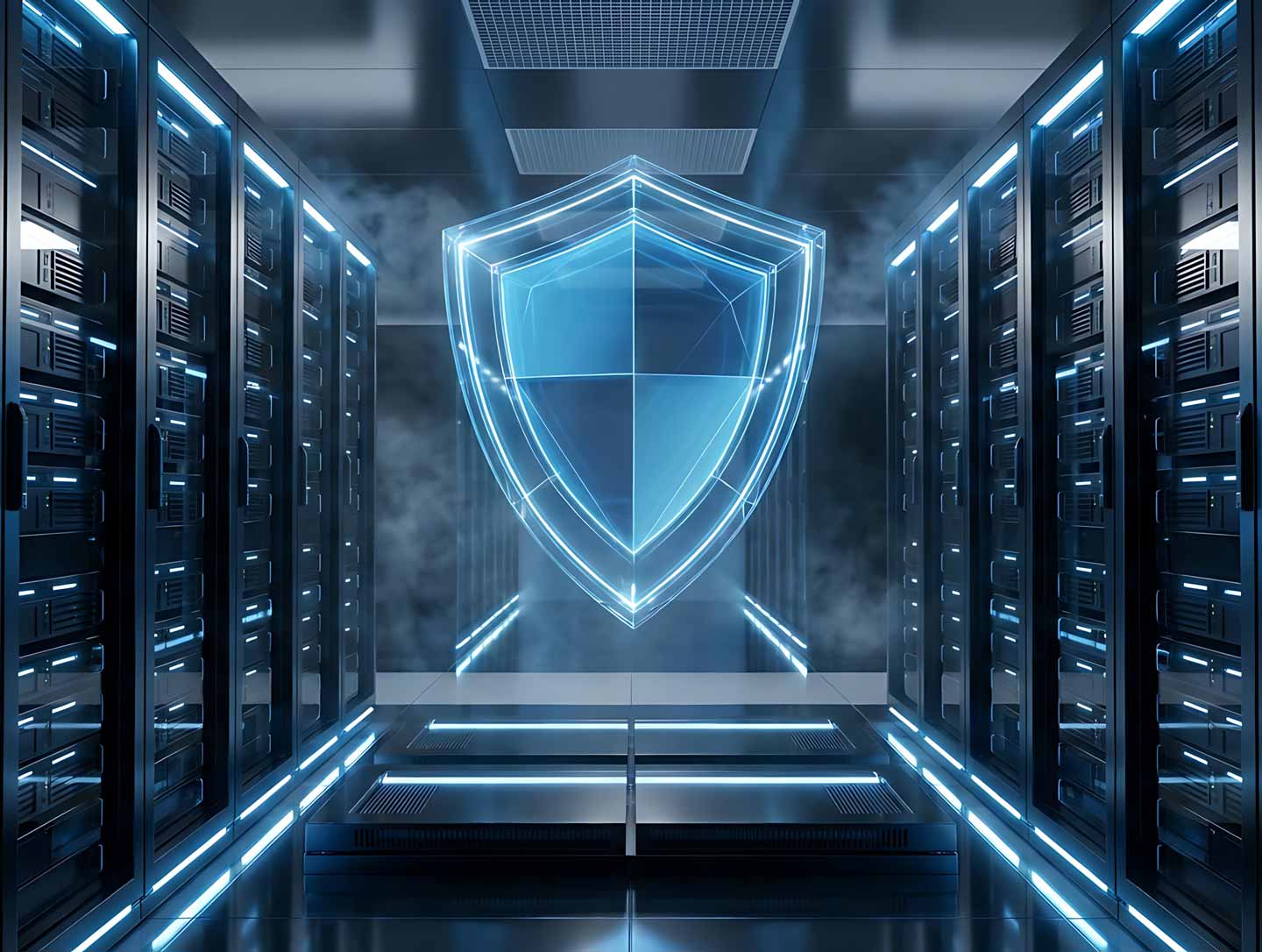 Futuristic server room with a glowing shield of security